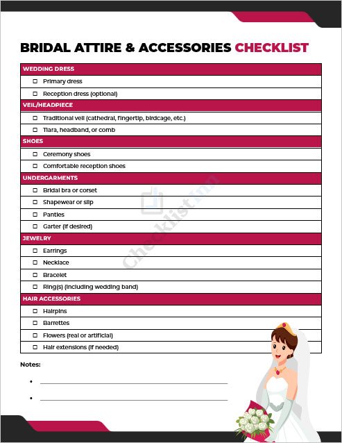 Bridal Attire and Accessories Checklist