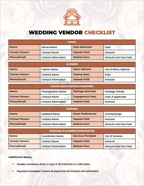 Wedding Vendor Checklist