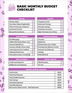 Basic Monthly Budget Checklist