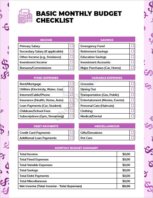 Basic Monthly Budget Checklist
