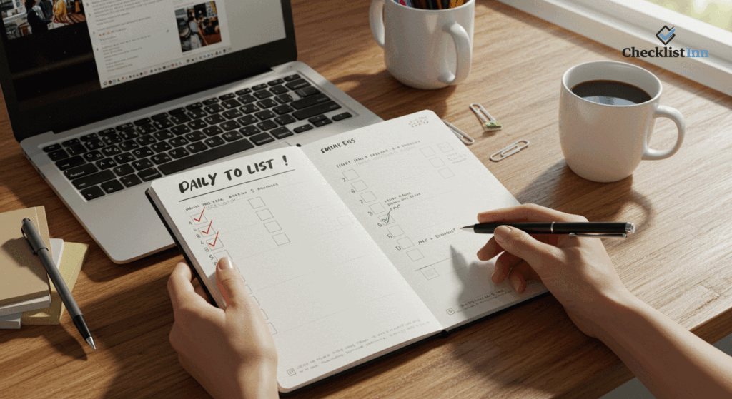 A person checking tasks off a daily to-do list at a desk with a laptop, coffee, and stationery, symbolizing the benefits of daily to-do lists for productivity and organization.