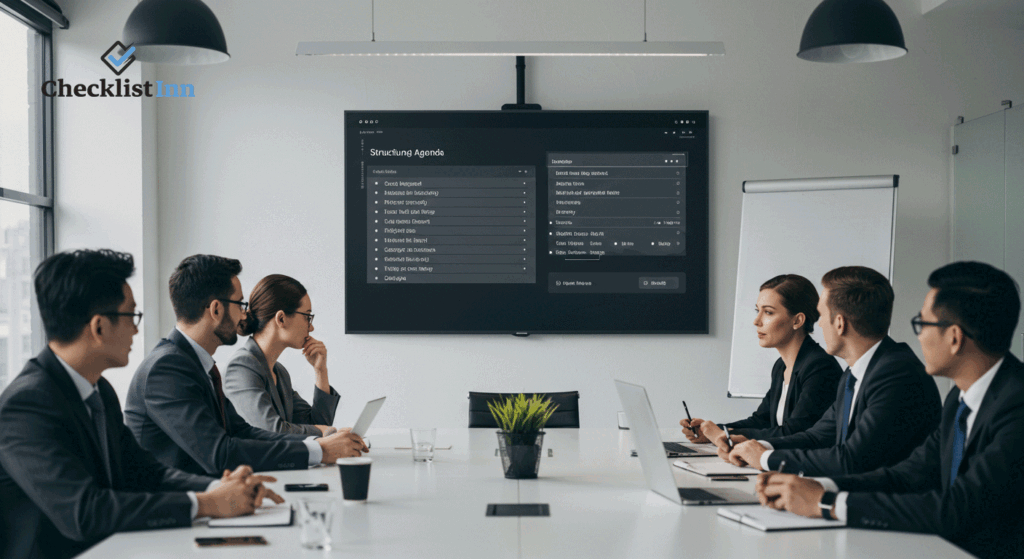Team in a business meeting reviewing a structured agenda on screen, showing organized topics and time slots for a productive discussion.
