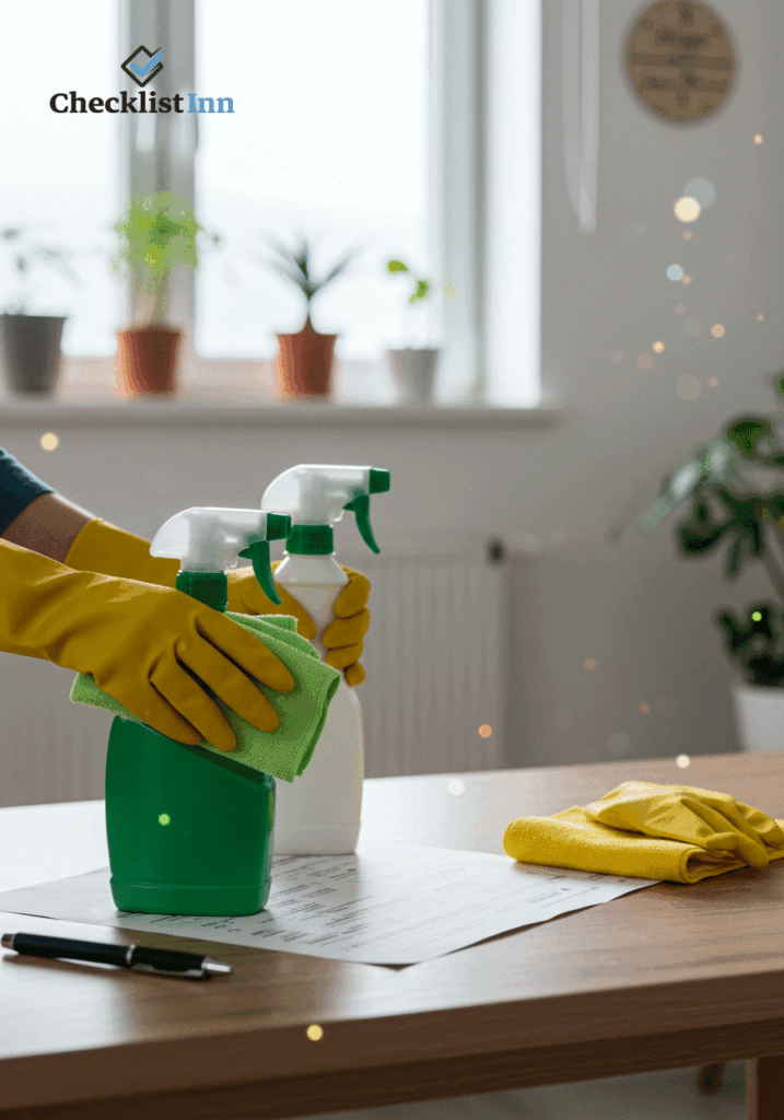 Person using eco-friendly cleaning tools in a tidy, modern home interior, demonstrating cleaning hacks and tips
