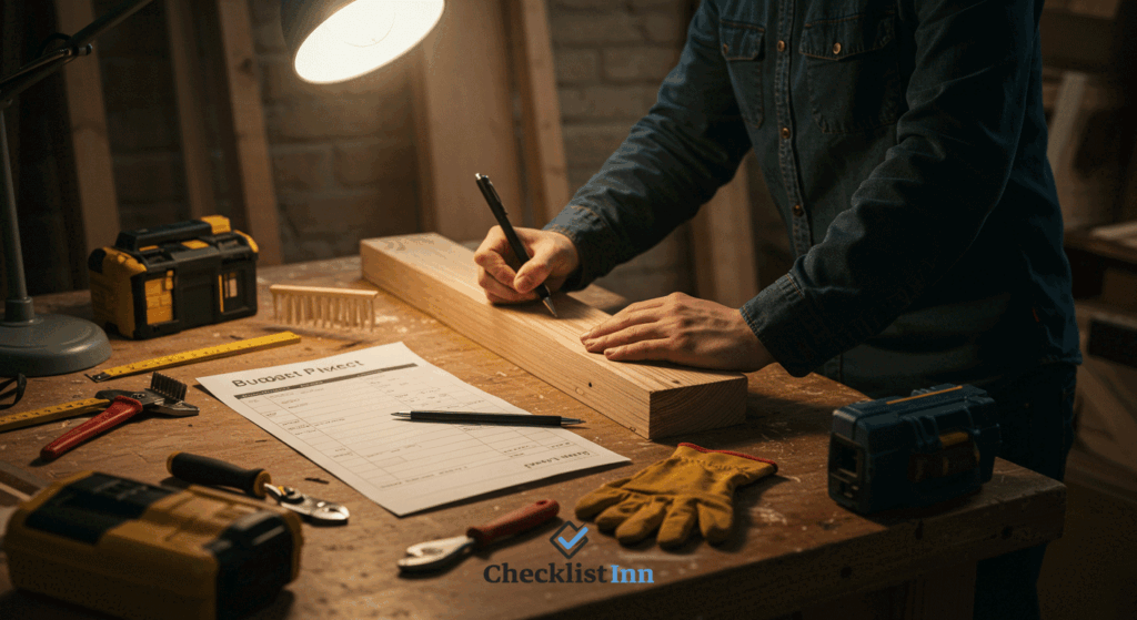 DIY project scene showing a person in a home workshop with scattered tools, a budget sheet, and safety gear, representing common challenges and solutions.
