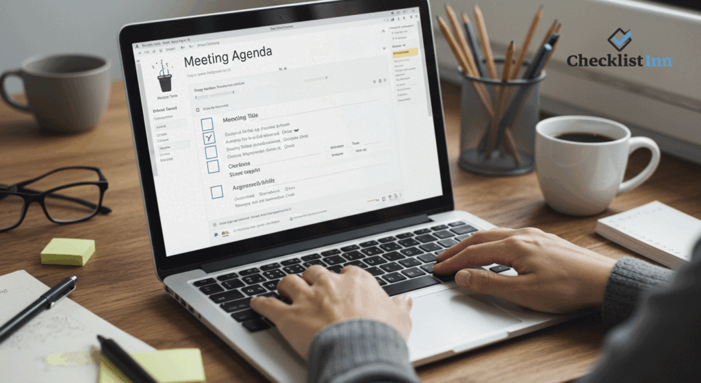 Person editing a meeting agenda checklist template in Microsoft Word on a laptop, updating agenda items and time slots.