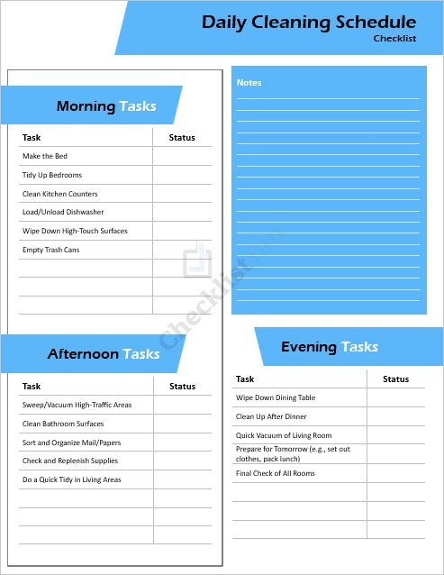 Daily Cleaning Schedule Checklist Template