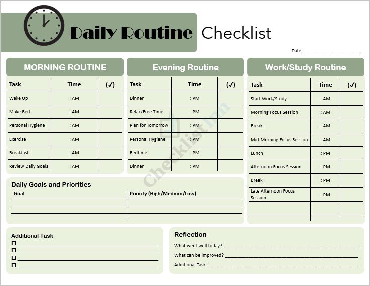 Daily Routine Checklist Template
