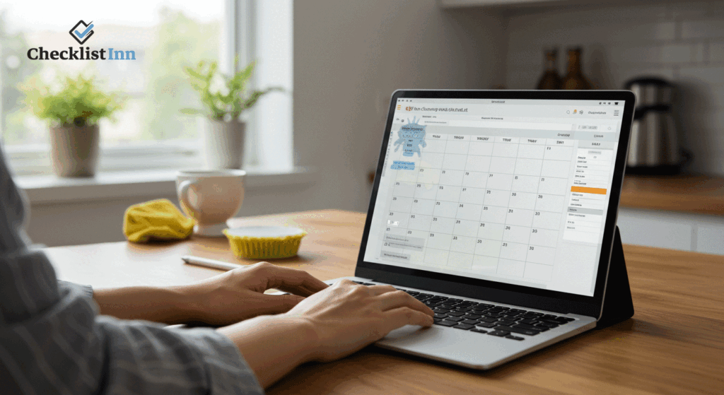 A person viewing a digital cleaning schedule on a laptop in a clean, organized home setting.
