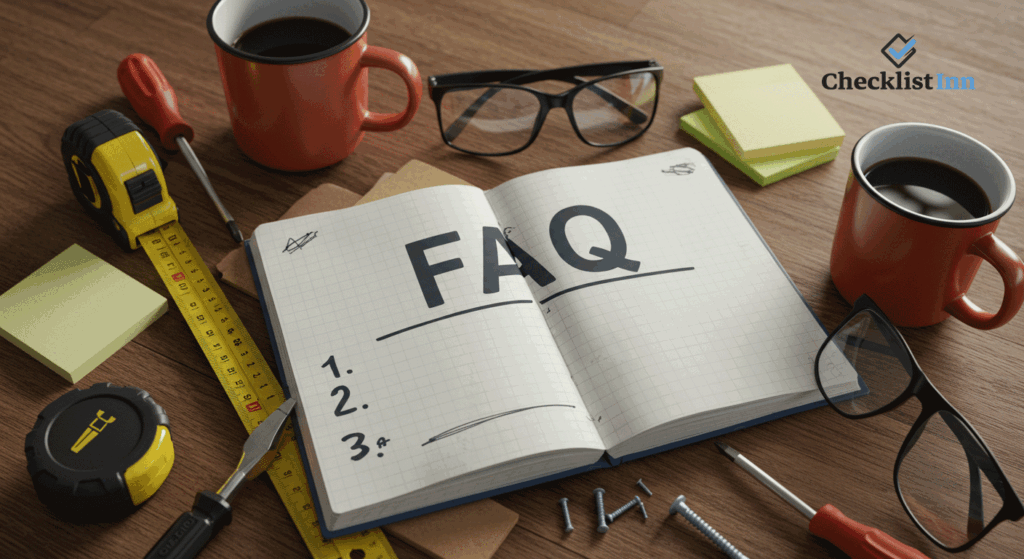 Flat-lay of DIY tools and an open notebook labeled FAQ, representing clear answers to common DIY project questions.