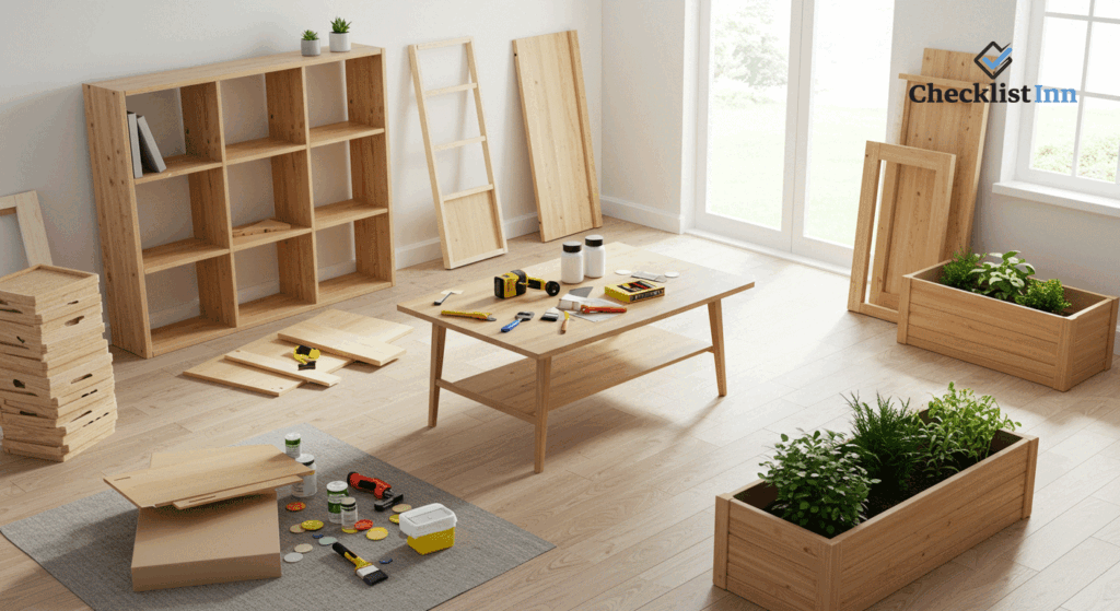 DIY project ideas and inspiration including bookshelf building, garden planter, home painting, wall art, and tools displayed in a creative workspace.