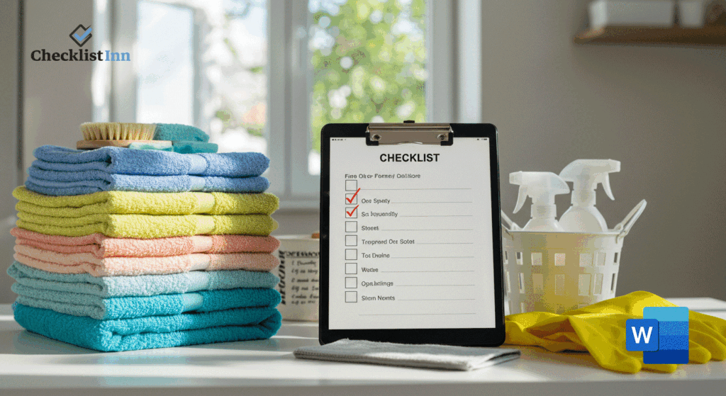 Clean and organized summer home setting with a checklist and cleaning supplies, symbolizing free summer cleaning checklist downloads.