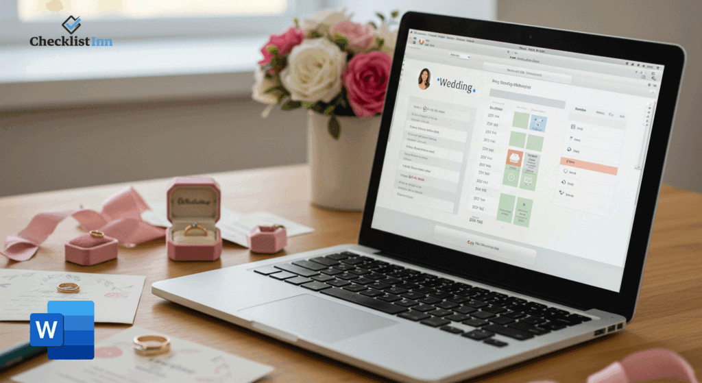 Downloadable wedding planning checklist template displayed on a computer surrounded by wedding items.