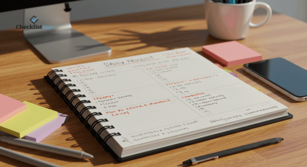 Close-up photo of a daily planner with organized tasks, colorful pens, and sticky notes on a bright desk, showing tips for creating effective daily to-do lists.