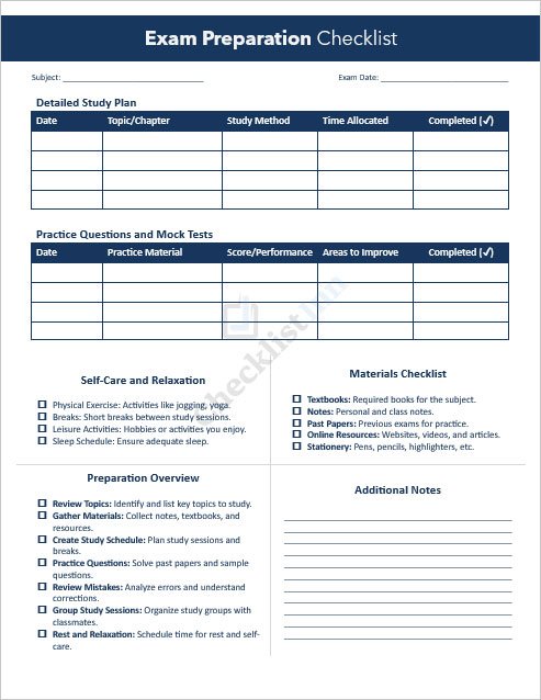 Exam Preparation Checklist Template
