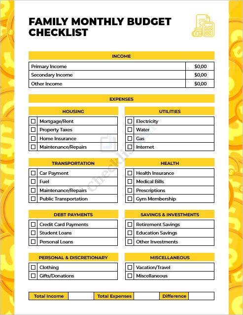 Family Monthly Budget Checklist