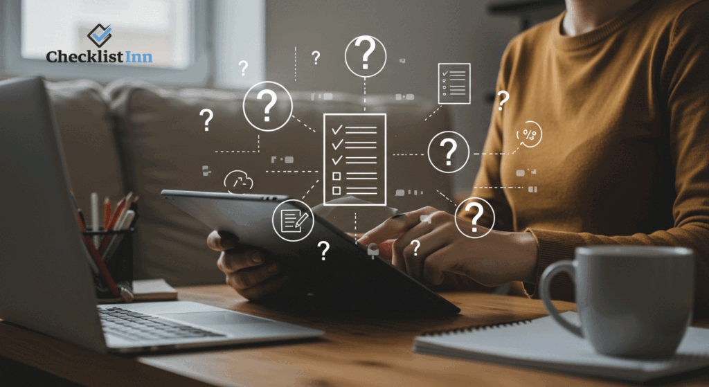 Person using a tablet with floating question mark and checklist icons, representing frequently asked questions and guidance