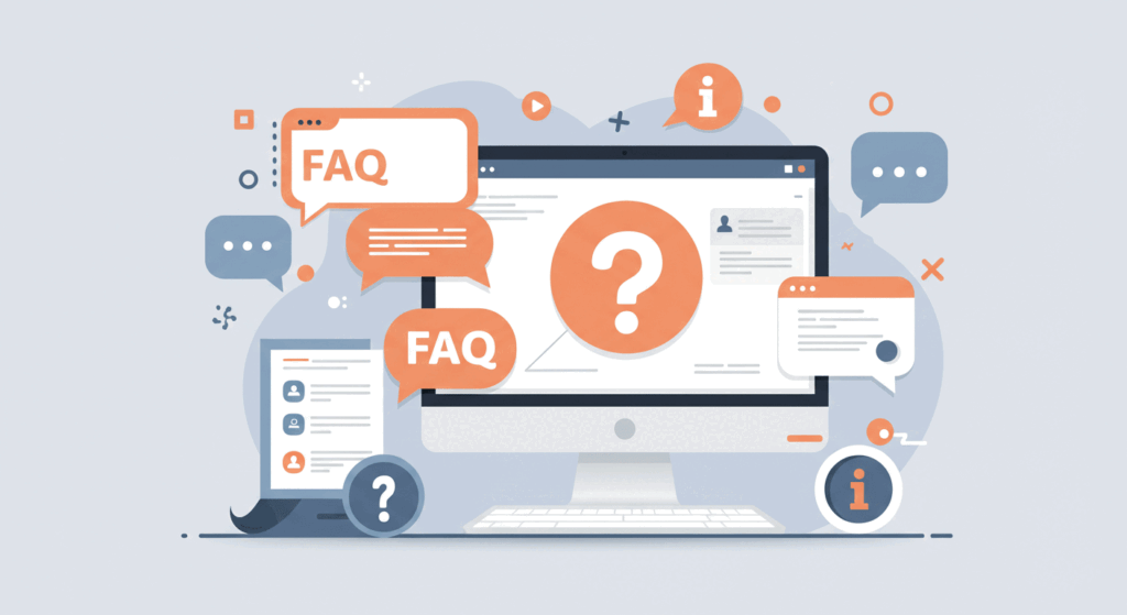 A computer screen with a question mark icon, symbolizing frequently asked questions (FAQ) in a professional setting.