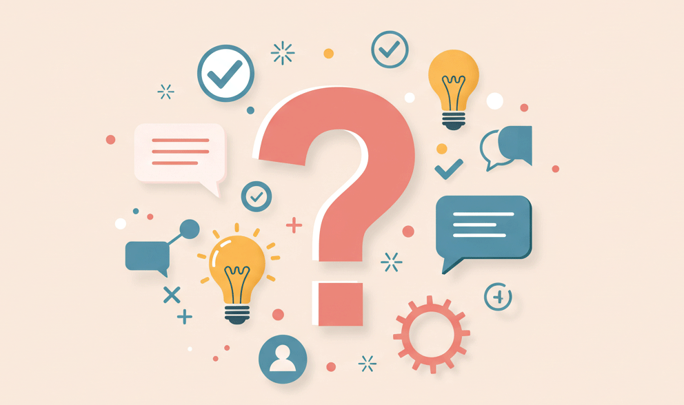 A question mark with speech bubbles and icons symbolizing answers and FAQs.