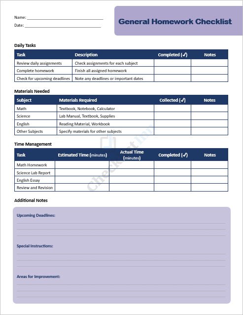 General Homework Checklist Template