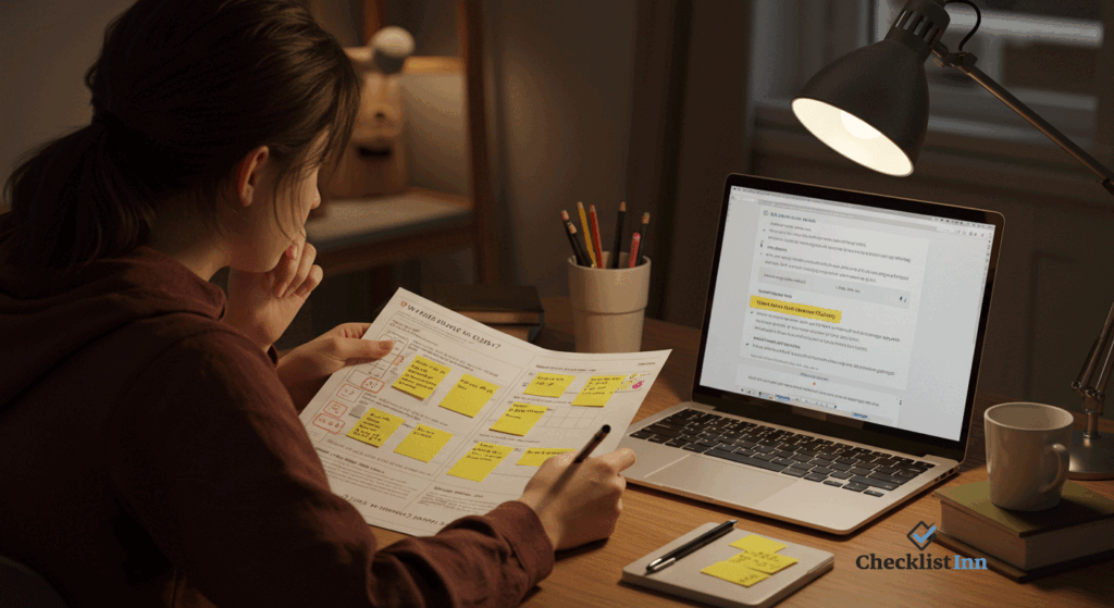 Student reviewing a homework checklist and study questions in a FAQ-style format