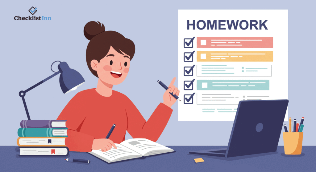 Student using a homework checklist as a study buddy to stay organized and productive