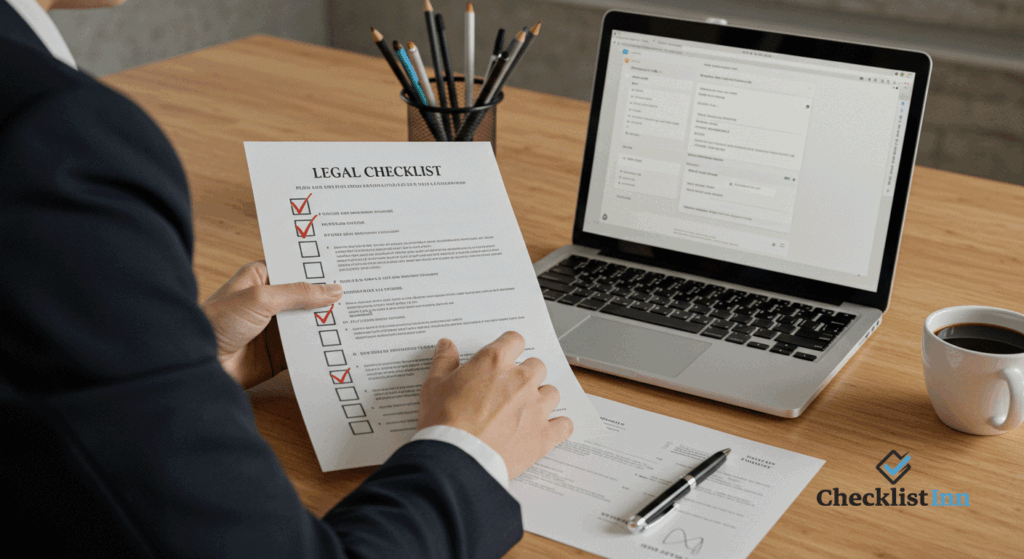A person reviewing a legal checklist with checkmarks on paper beside a plain laptop screen at a desk.