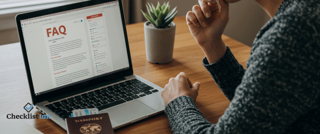 A traveler planning a trip with a laptop, passport, and checklist on the desk, symbolizing frequently asked travel questions.