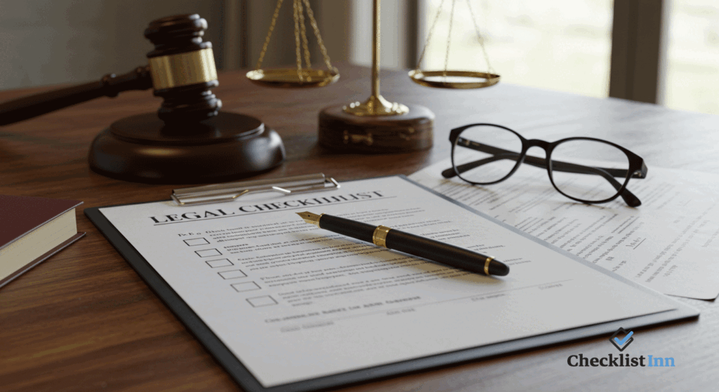 Image of a legal documents checklist on a clipboard with pen, papers, and law book on a desk.