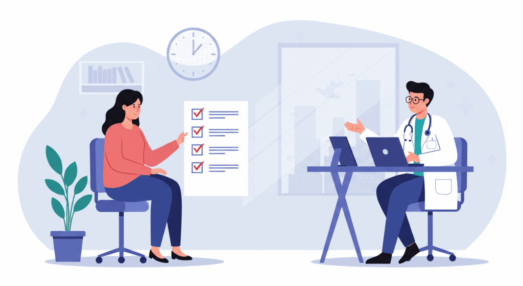 Doctor answering patient questions with a medical checklist, representing frequently asked questions about appointment preparation.
