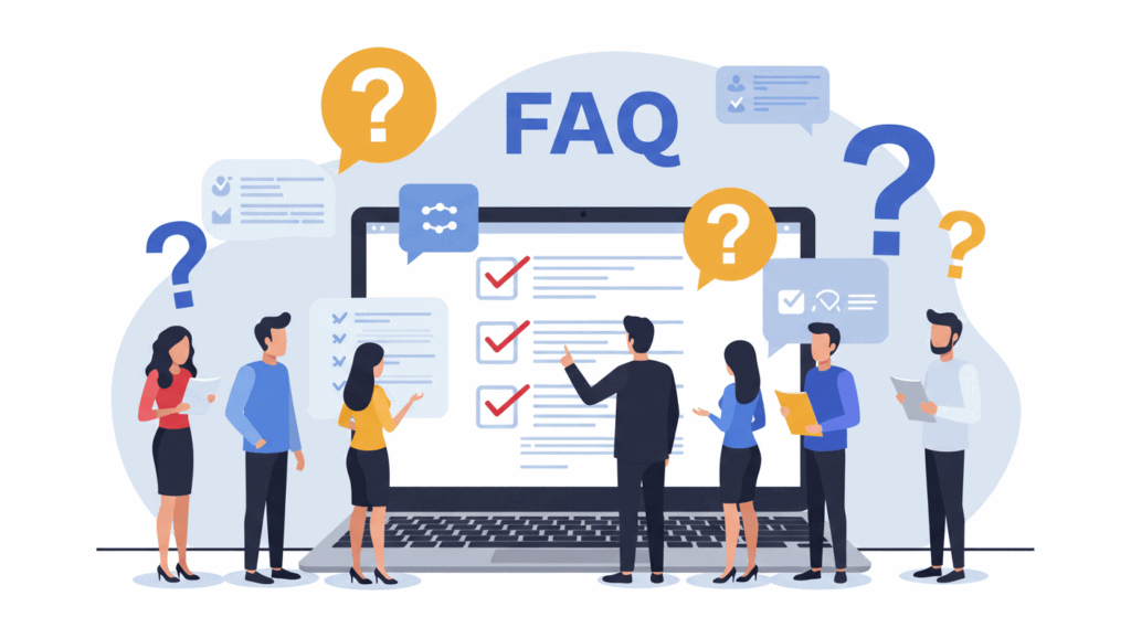 Team members discussing common meeting agenda questions with checklist and question mark icons.