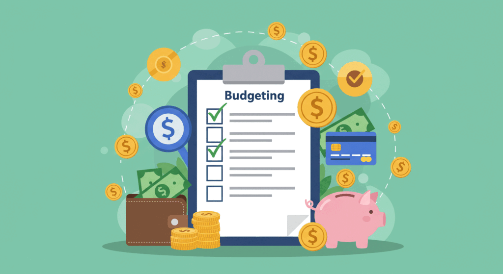 A budgeting checklist with financial icons like piggy bank, wallet, and coins, representing the benefits of using a monthly budget.