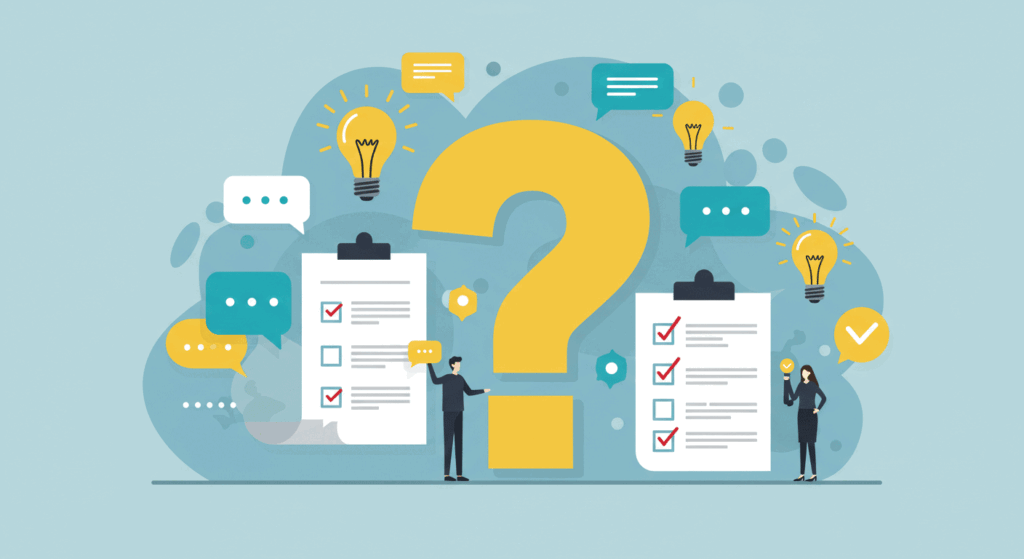 A question mark with speech bubbles and checklists, symbolizing the FAQ section for monthly budgeting checklists.