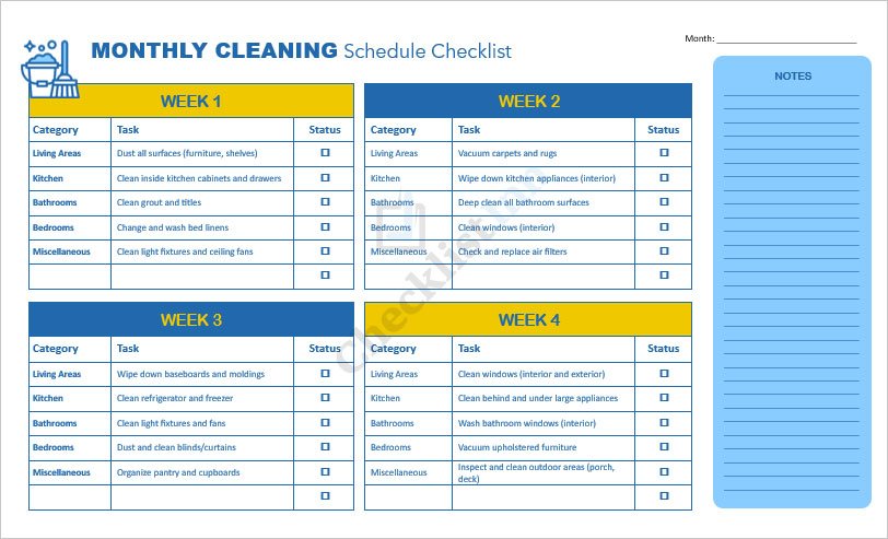 Monthly Cleaning Schedule Checklist