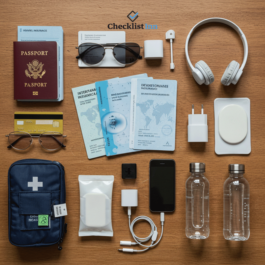 Essential international travel items including passport, travel documents, credit cards, phone charger, universal adapter, water bottle, and first-aid kit.