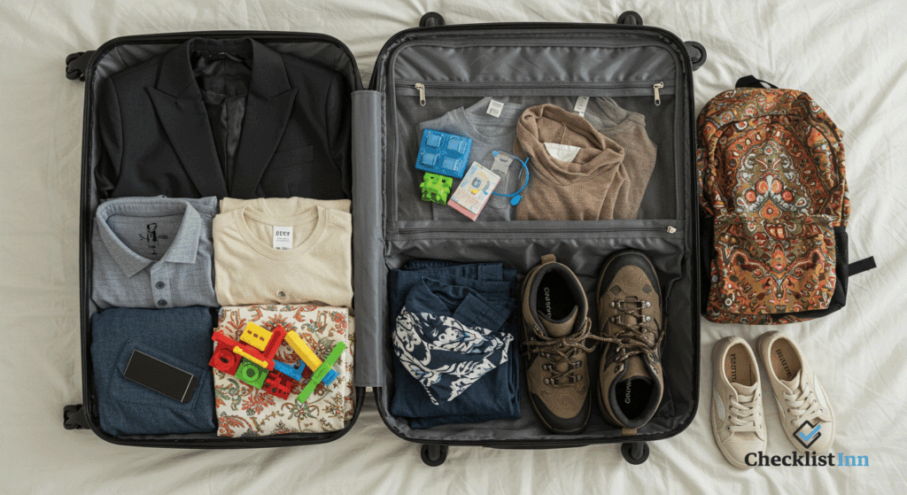 An open suitcase on a bed with business, family, adventure, city break, and cultural travel essentials neatly arranged.