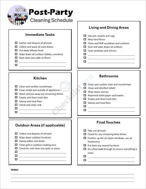 Post-Party Cleaning Schedule Checklist Format