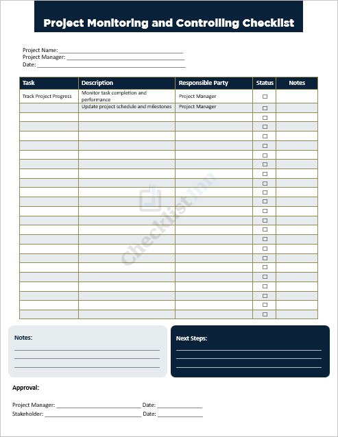 Project Monitoring and Controlling Checklist Template
