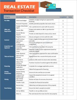 Real Estate Transaction Checklist Format