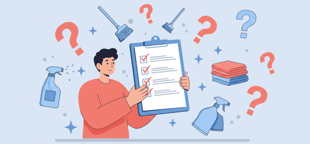 A person with a checklist surrounded by question marks and cleaning icons, representing FAQs about spring cleaning checklists.