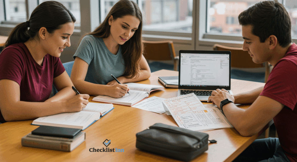 College students studying together and using homework checklists for better time management