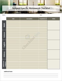 Subject-Specific Homework Checklist Template