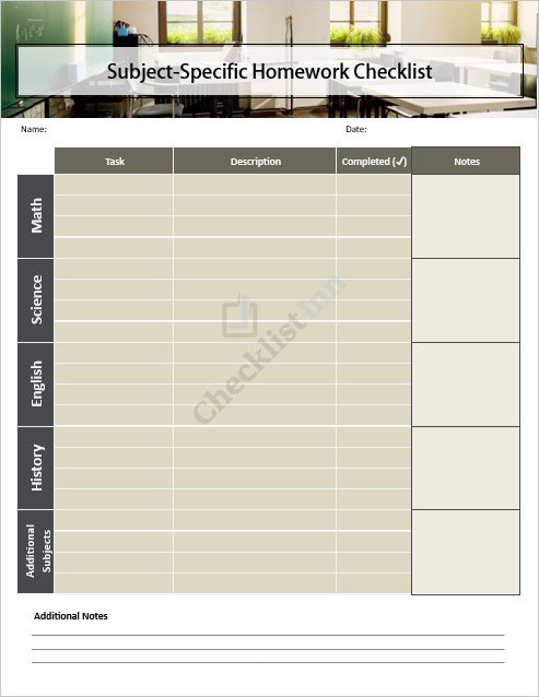 Subject-Specific Homework Checklist Template