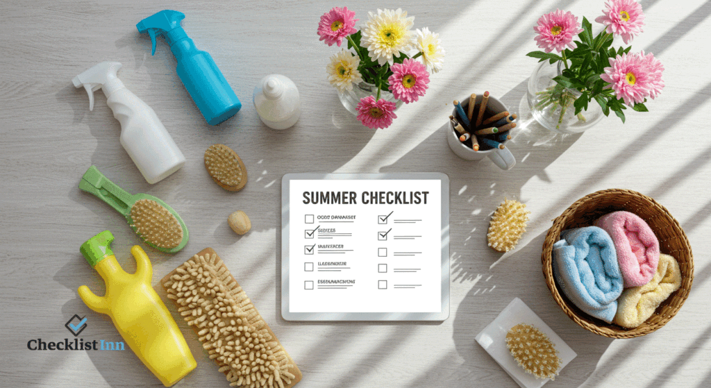 Digital tablet showing a summer cleaning checklist surrounded by eco-friendly cleaning supplies and fresh towels.