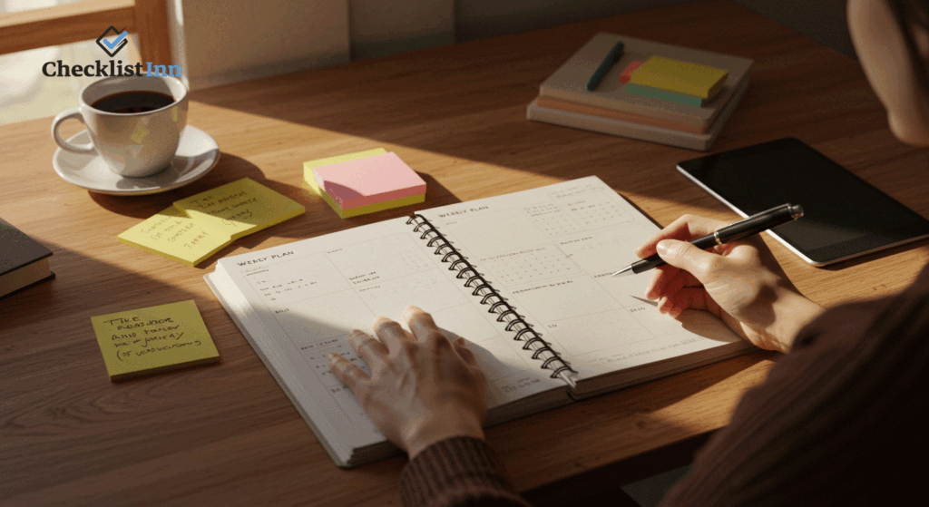 Person preparing a weekly planner with blank pages at a desk, surrounded by coffee and stationery, representing effective planning tips.