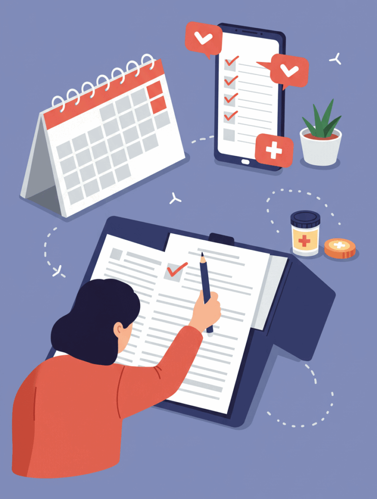 Patient preparing for a medical appointment by organizing documents and using a checklist, with calendar and reminders in the background.
