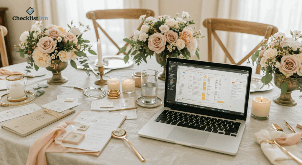 Couple reviewing a wedding vendor checklist on a laptop surrounded by wedding decorations and flowers.
