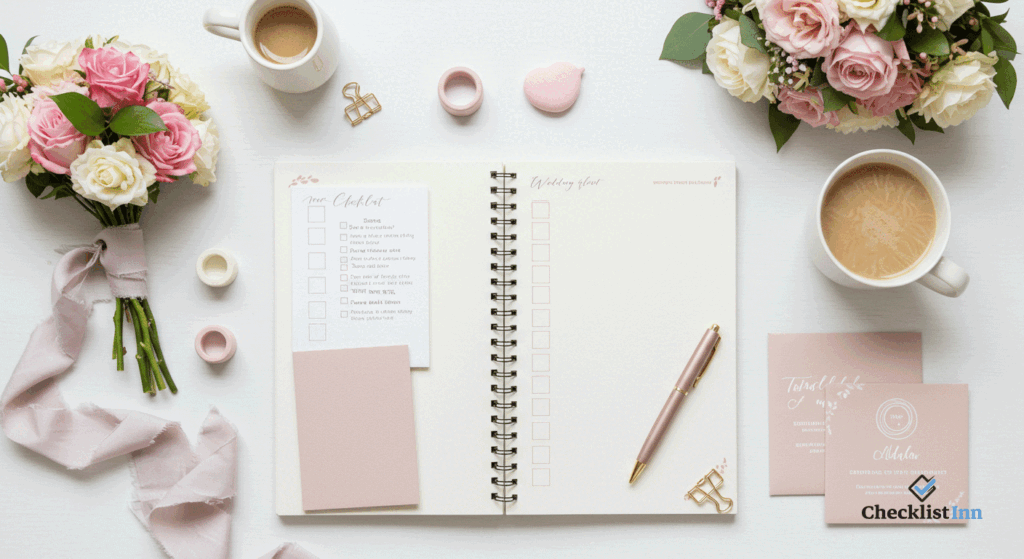 Wedding planning checklist with flowers, invitations, and pen on desk – staying organized for the big day