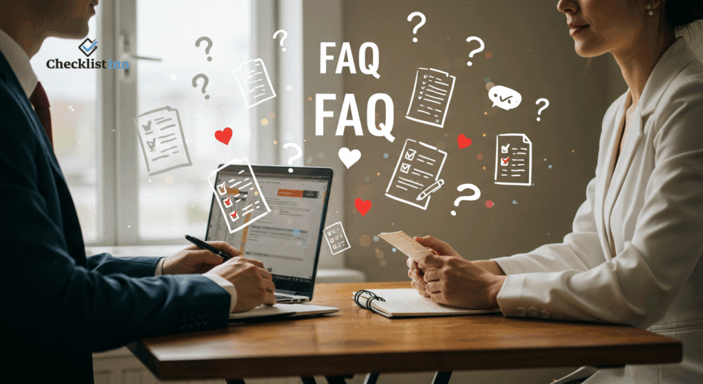 Couple reviewing wedding FAQs on a laptop surrounded by question icons and checklists.