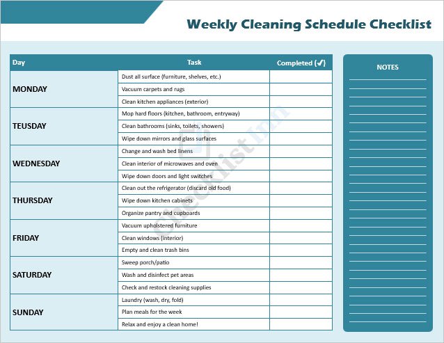 Weekly Cleaning Schedule Checklist