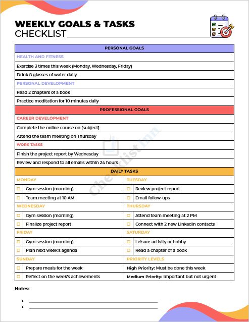 Weekly Goals and Tasks Checklist